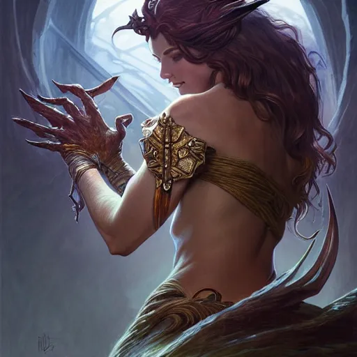 Image similar to surprised merrow D&D creature, looking down at hand, D&D 5e, fantasy, intricate, elegant, highly detailed, digital painting, artstation, concept art, smooth, sharp focus, illustration, art by artgerm and greg rutkowski and alphonse mucha