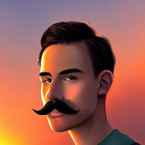 Image similar to young man with a mustache, beautiful sunset, high definition, concept art, digital painting, art by Tran and Ross