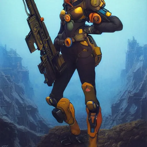 Image similar to tracer from overwatch, character portrait, portrait, close up, concept art, intricate details, highly detailed, in the style of chris foss, rodger dean, moebius, michael whelan, and gustave dore