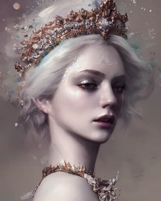 Prompt: 4k cinematic full view ethereal elysian female wearing intricate religious Madonna crown platinum blonde hair rococo style attire by Ruan Jia by Alberto Seveso, detailed and realistic, Artstation