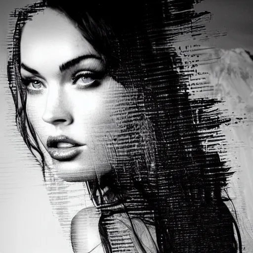 Image similar to double - exposure effect of megan fox face as beautiful mountains, in the style of dan mountford, amazing detail, black and white