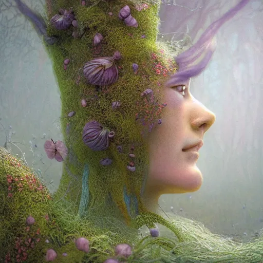 Prompt: a beautiful woman mutating in to flower covered with thin tendrils and moss, by jean delville, by edmund dulac, by jean giraud, by ellen jewett, landscape photography composition, vivid colors, octane render, redshift render