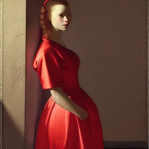 Prompt: sublime portrait of a woman in a red satin dress, very pale, graceful yet imposing, by Vermeer, strong dramatic cinematic lighting, 17th-century, smooth, sharp focus, extremely detailed