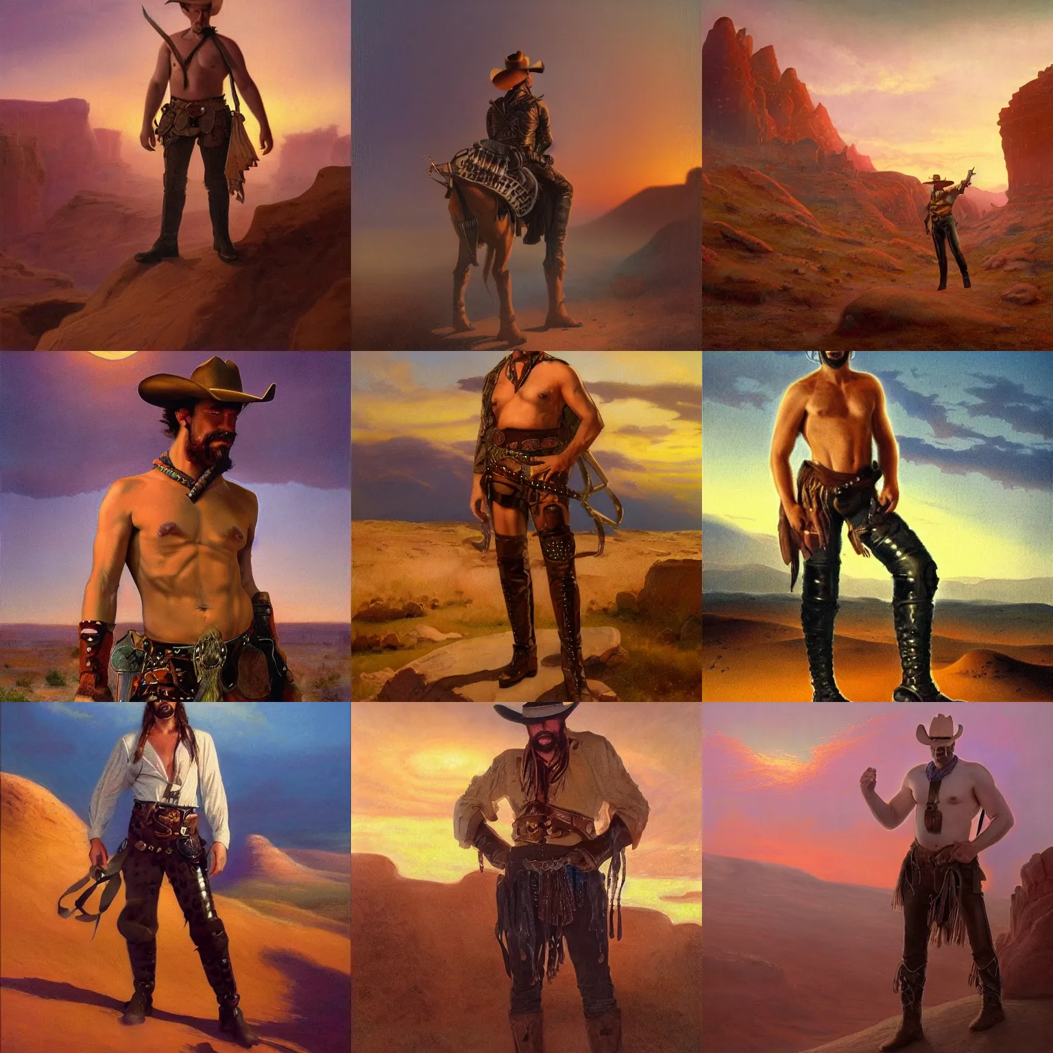 Prompt: an ethereal, dreamlike painting of a handsome mustachioed shirtless cowboy wearing bandoliers, pauldrons, and leather pants | red desert mesa background at twilight | by bill ward, by tom of finland, by clyde aspevig, by thomas moran | trending on artstation