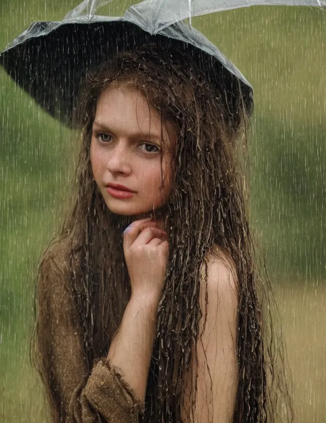 Image similar to wet long hair very beautiful happy peasant girl under the rain, country style, portrait, Cinematic focus, Polaroid photo, vintage, neutral colors, soft lights, foggy, by Steve Hanks, by Serov Valentin, by lisa yuskavage, by Andrei Tarkovsky 8k render, detailed, oil on canvas