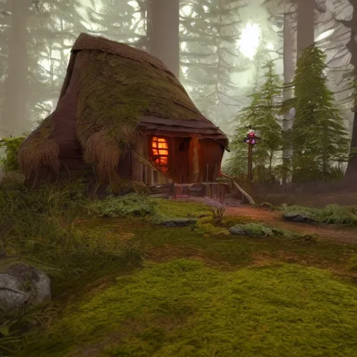 Prompt: elf magical forest cabin with a chimney 8k fantasy Unreal engine