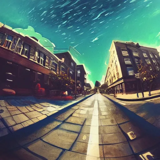 Prompt: street view, ( ( ( old ) ) ), trending on artstation, fisheye!!! lens