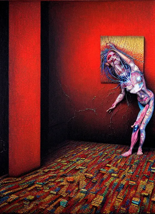 Prompt: realistic detailed photo rendered in octane 3d , of an out of body near-death experience in a old soviet apartment room with a carpet on the wall, shipibo , by Francis Bacon, by Ayami Kojima, Amano, Karol Bak, Greg Hildebrandt, and Mark Brooks , by Alex Grey. rich deep colors. Beksinski painting, art by Takato Yamamoto. masterpiece. rendered in blender, ultra realistic, smooth shading, ultra detailed, high resolution, cinematic, unreal 6