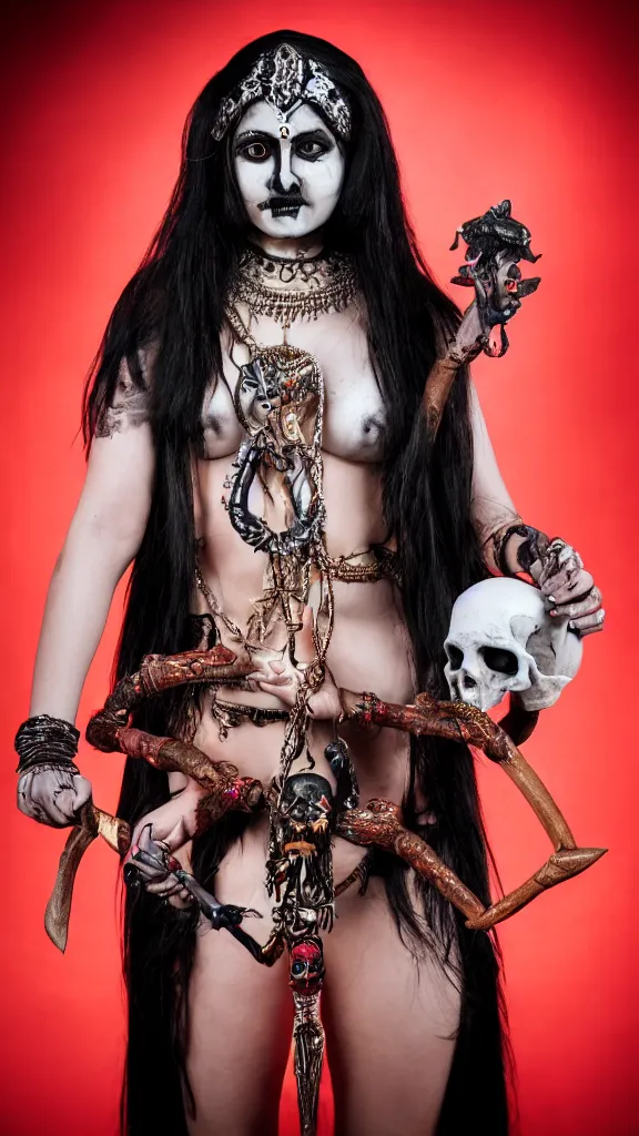 Image similar to hindu goddess of death, holding a skull on one hand and trident on another, posing for playboy photoshoot, studio lighting, cosplay