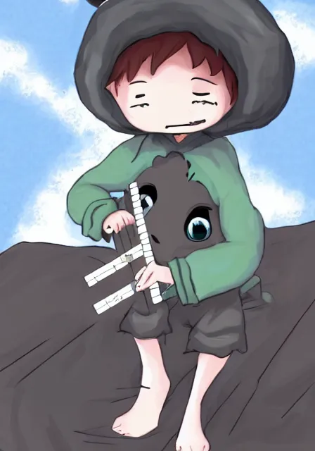 Image similar to little boy wearing sheep suit playing a flute sitting on bed. white, gray, blue, green and brown pallet color. made in abyss art style, inspired in kris from deltarrune, cute detailed artwork, anatomically correct