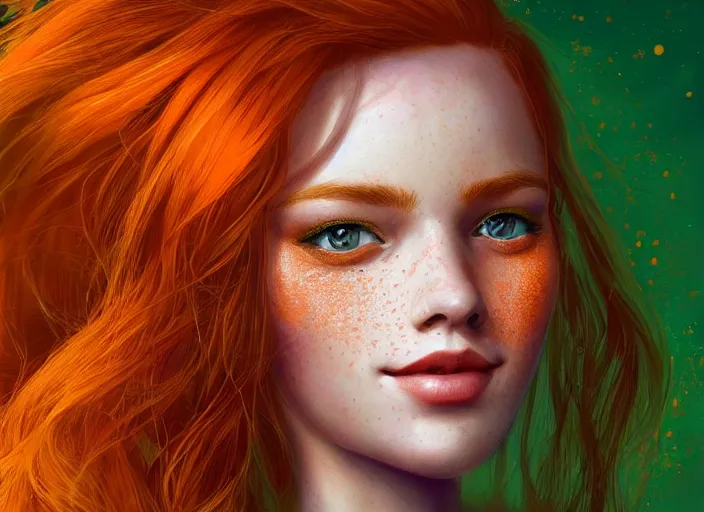 Image similar to portrait of a beautiful smiling girl with orange hair and freckles, green eyes, intricate, elegant. highly detailed, digital painting, artstation, concept art, smooth, sharp, focus, illustration. background is purple, art by artgerm and Ross Tran