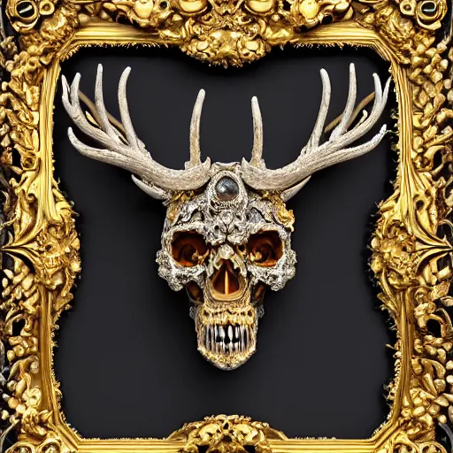 Prompt: a portrait of a beautiful ornate and intricate rococo skull with antlers and silver and gold details and diamonds inside a rococo frame, 4k, octane render, vray, unreal engine, photorealistic