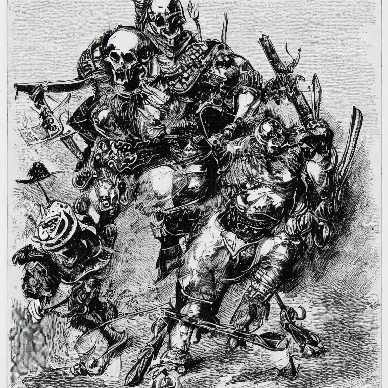 Image similar to a walther caspari illustartion in lustige blatter in 1 8 9 9 of a barbarian armored with swords and metal skulls, black and white pen an ink drawing