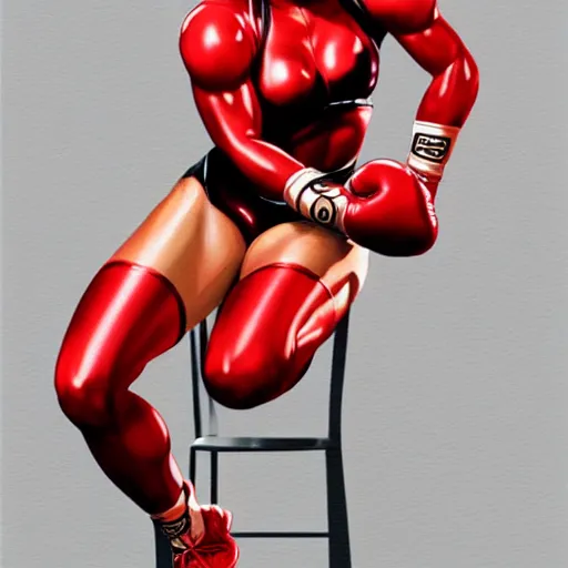 Image similar to 8K photorealistic Portrait of Chun-Li wearing red boxing gloves, sitting on a chair, intricate upper body, whole body, highly detailed, digital painting, artstation, concept art, smooth, sharp focus, illustration, art by Hajime Sorayama