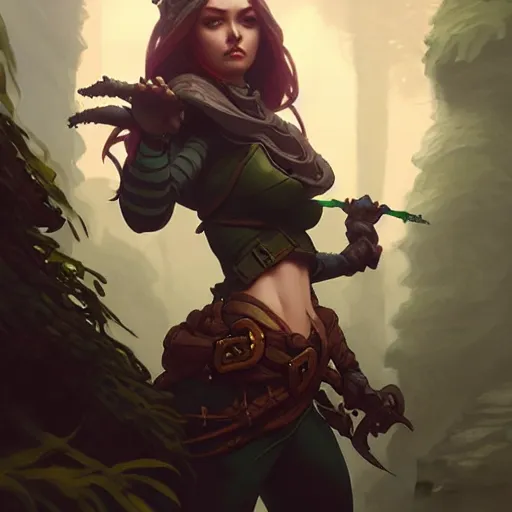 Image similar to rogue, female, full body, forest, D&D, fantasy, intricate, elegant, highly detailed, digital painting, artstation, octane render, concept art, matte, sharp focus, illustration, hearthstone, art by Artgerm and Greg Rutkowski and Alphonse Mucha