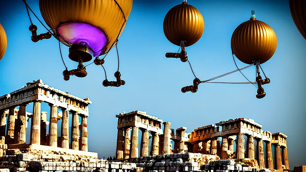 Image similar to large colorful futuristic space age metallic steampunk steam - powered balloons with pipework and electrical wiring around the outside, and people on rope swings underneath, flying high over the beautiful ancient athens acropolis landscape, professional photography, 8 0 mm telephoto lens, realistic, detailed, photorealistic, photojournalism
