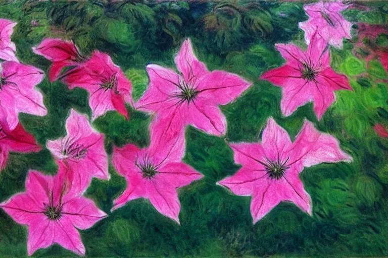 Prompt: beautiful pink dripping clematis by claude monet, oil on canvas