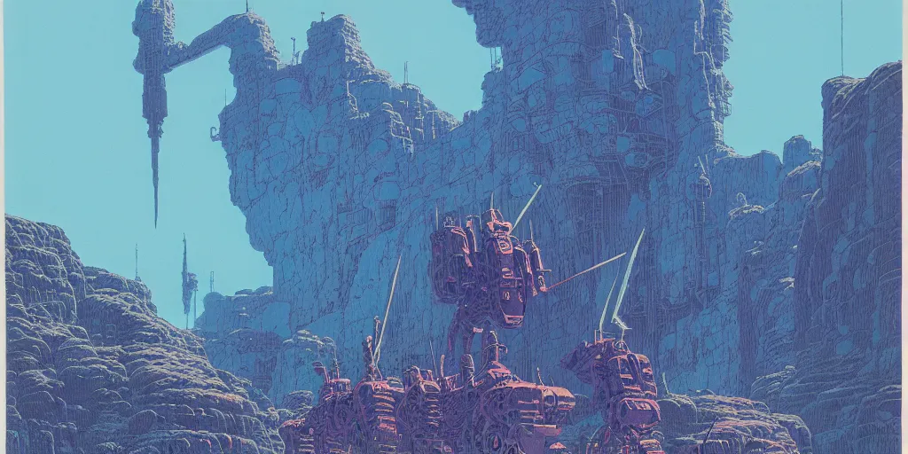 Image similar to grainy risograph matte painting of gigantic huge mech with huge swords, pastel matte colors, staying in the toxic blue canyon, by moebius, hyperrealism, intricate detailed