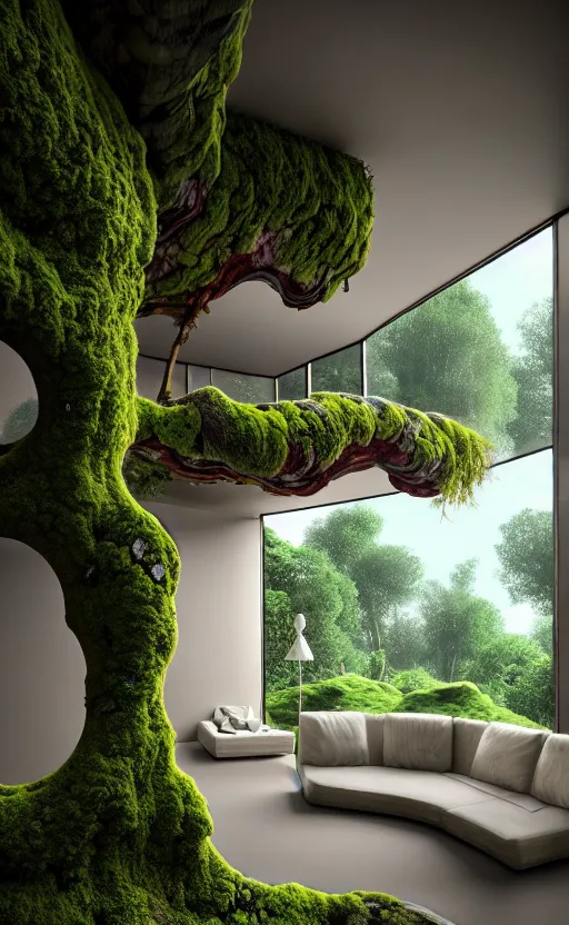 Image similar to highly detailed villa natural beautiful light interior soft cinematic composition of a smooth ceramic porcelain biomorphic magnolia stone nebula fluid sci - fi surreal architecture landscape, furniture, granite, trees, marble, moss, lichen, fungi, vincent callebaut composition, mamou - mani, archviz, 8 k, unreal engine, hdr