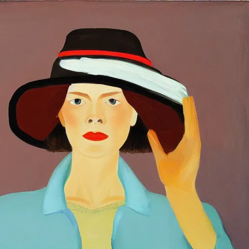 Image similar to young woman with hat, by Alex Katz, colorful, oil on canvas