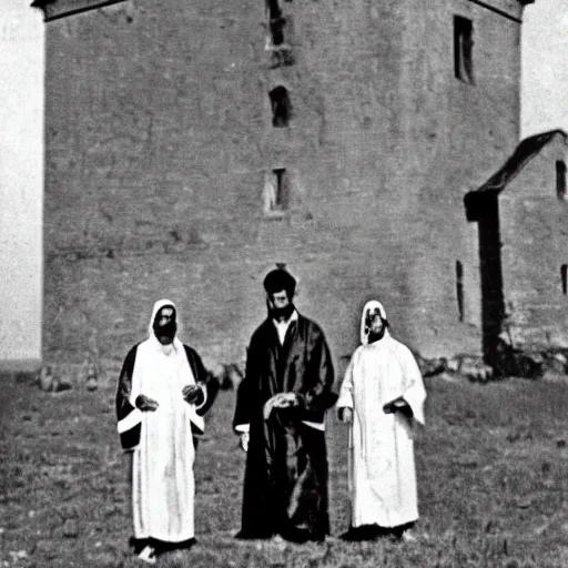 Prompt: worshippers dressed in robes belonging to the cult of the lighthouse. Dilapidated 1800s lighthouse. Unnaturally tall lighthouse. Beacons of light. 1800s photo.