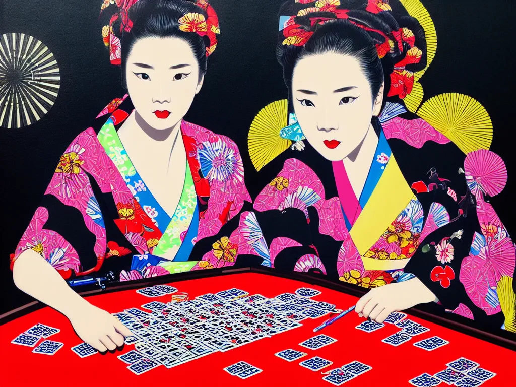 Image similar to hyperrealistic composition of the detailed woman in a japanese kimono sitting at a extremely detailed poker table with detailed darth vader, fireworks, mount fuji on the background, pop - art style, jacky tsai style, andy warhol style, acrylic on canvas