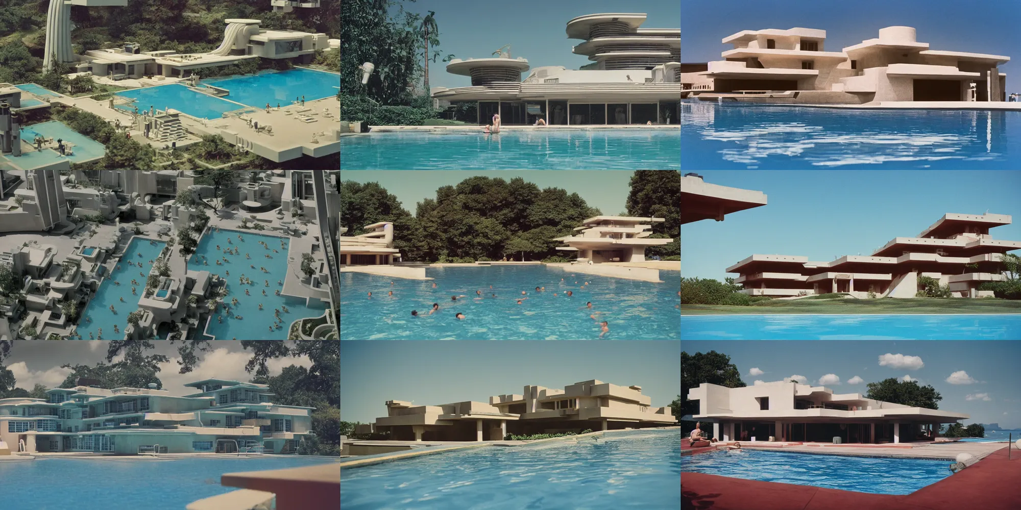 Prompt: Cinestill 800t, 8K, 35mm; beautiful ultra realistic minimalistic lloyd wright in space(1950) film still, pool scene, 2000s frontiers in retrofuturism architecture magazine September wes anderson edition, highly detailed, extreme closeup three-quarter scene, tilt shift LaGrange point background, three point perspective, focus on space station hotel;sunflare;wide;DOF, soft lighting