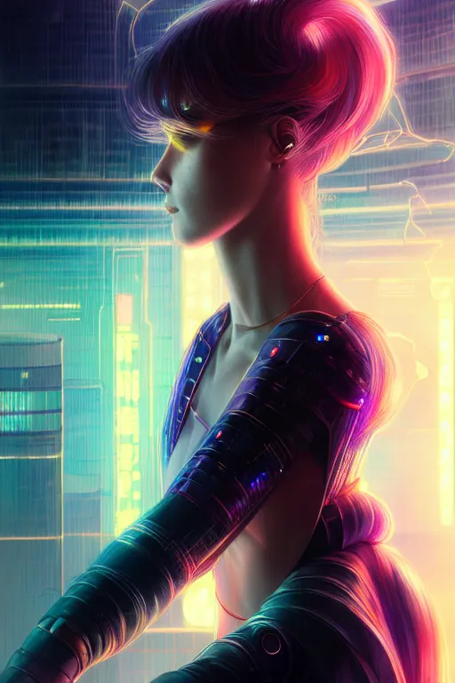 Image similar to portrait futuristic wizard Girl with thunder and fire sparkles and starlight, n future cyberpunk tokyo rooftop , ssci-fi, fantasy, intricate, very very beautiful, elegant, human anatomy, human structure, neon light, highly detailed, digital painting, artstation, concept art, smooth, sharp focus, illustration, art by tian zi and WLOP and alphonse mucha