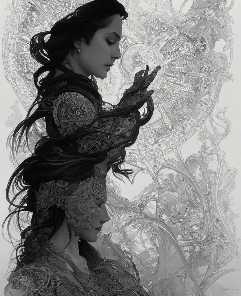 Prompt: black and white illustration of mystical geometrical alchemical symbols, deep focus, intricate, elegant, highly detailed, foggy, misterious, digital painting, artstation, concept art, matte, sharp focus, art by artgerm and greg rutkowski and alphonse mucha