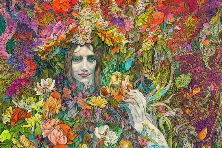 Image similar to a painting of a creature with a lot of flowers and plants on its head, poster art by android jones, behance contest winner, generative art, made of flowers, grotesque, concert poster