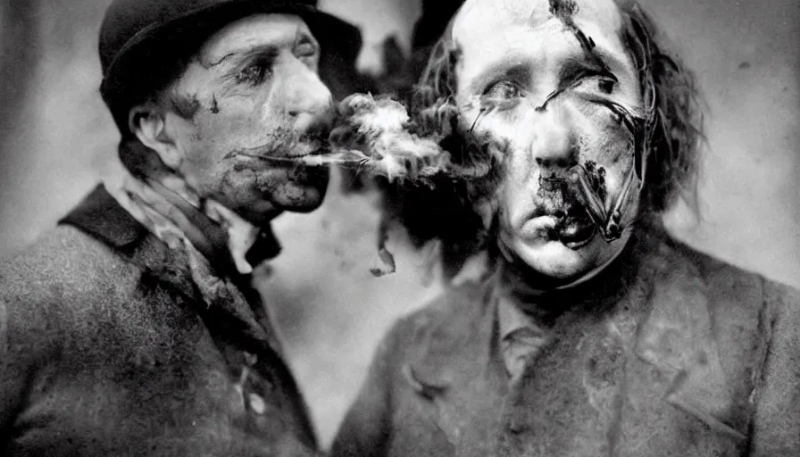 Image similar to man - raven hybrid smoking, realistic, historic, detailed, realistic, 1 9 2 0's horror film, black and white