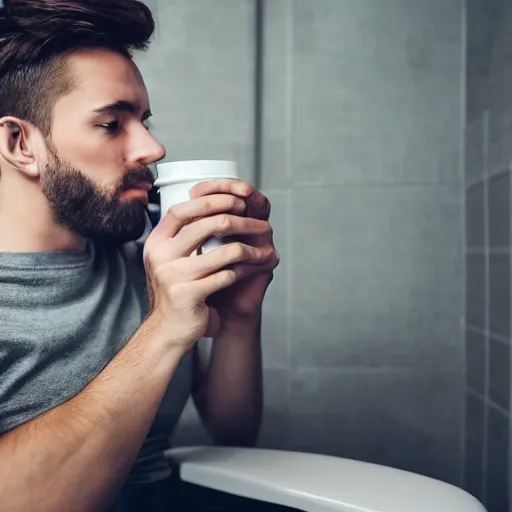 Image similar to dream an attractive young man sitting on top of the toilet drinking coffee and scrolling tiktok on his iphone, distant thoughtful look