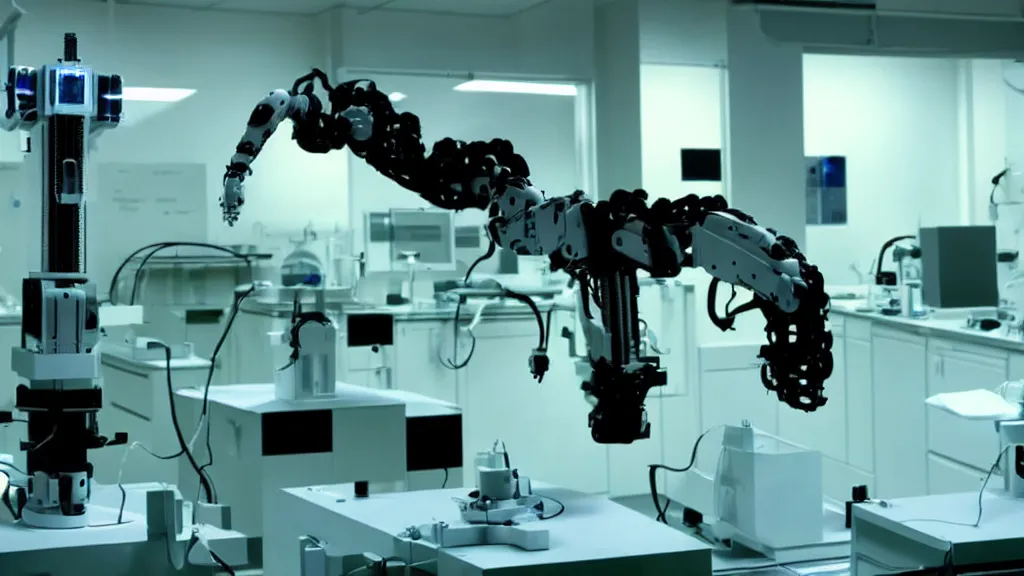 Image similar to a complex bifurcated robotic cnc surgical arm hybrid mri 3 d printer machine making black and white ceramic mutant forms in the laboratory inspection room, film still from the movie directed by denis villeneuve with art direction by salvador dali, wide lens