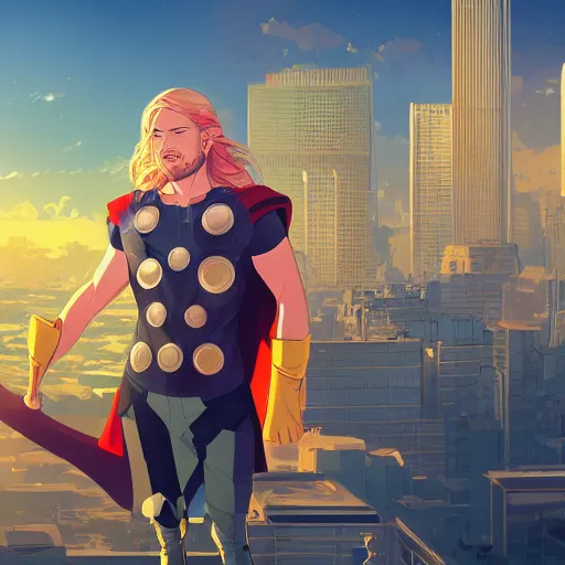 Image similar to ⁠portrait of Thor , Karachi skyline background, rich vivid colors, ambient lighting, dynamic lighting, 4k, HQ, official media, anime key visual, makoto shinkai, ilya kuvshinov, lois van baarle, rossdraws, detailed, trending on artstation