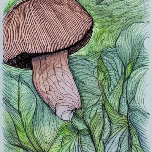 Image similar to fly armanita mushroom, forest, pen and ink drawing, drawn by hand, cozy, natural colors, textured paper