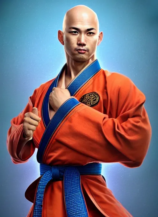 Image similar to bald male martial artist with a high ponytail!!!! asian facial features and blue eyes!! intricate ornate blue robes!! character concept art, sharp focus, octane render! unreal engine 5! highly rendered!! trending on artstation!! detailed linework!! illustration by artgerm, wlop, and chie yoshii