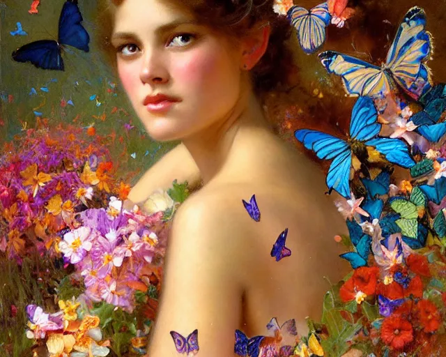 Prompt: an attractive girl wearing a colourful dress and surrounded by butterflies and flowers. highly detailed painting by gaston bussiere, craig mullins, j. c. leyendecker 8 k