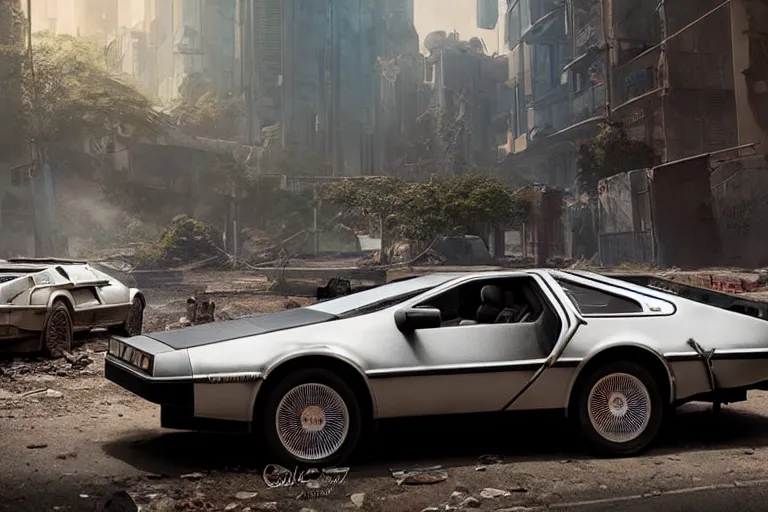 Prompt: highly detailed photorealistic rendering of the delorean from back to the future parked on the streets of a cyberpunk abandoned city, futuristic post - apocalyptic vibe, by greg rutkowski and stanley artgerm and alphonse mucha, octane, sharp focus, hyperrealistic, unreal engine 5, vray, masterpiece