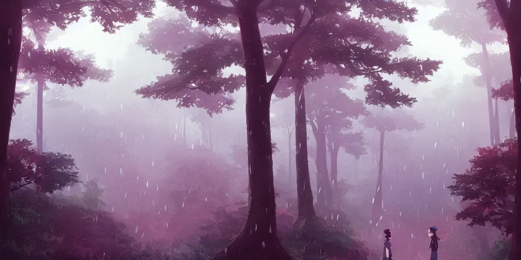 Image similar to high quality illustration of an enchanting forest in the rain, sunshine, amazing mood : : art by daisuke tsutsumi & ghibli studio & atey ghailan, artstation art, cinematic lighting