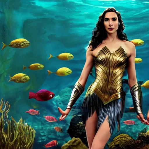 Image similar to Full body photo of the beautiful woman Gal Gadot as a siren, she is swimming under the sea, she is leading a variety of school of fish, she has a glow coming from her, she is getting illuminated for rays of light that cross the sea, the photo was taking by Annie Leibovitz, matte painting, oil painting, naturalism, 4k, 8k