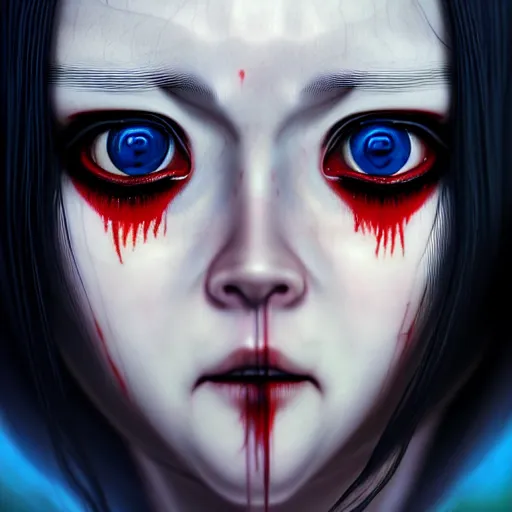 Image similar to i see you palp by junji ito, green red black blue eyes and long black hair by junji ito, painted by junji ito, rtx reflections, octane render 1 2 8 k, extreme high intricate details by wlop, digital anime art by ross tran, wide shot, composition by ross tran, lighting by wlop