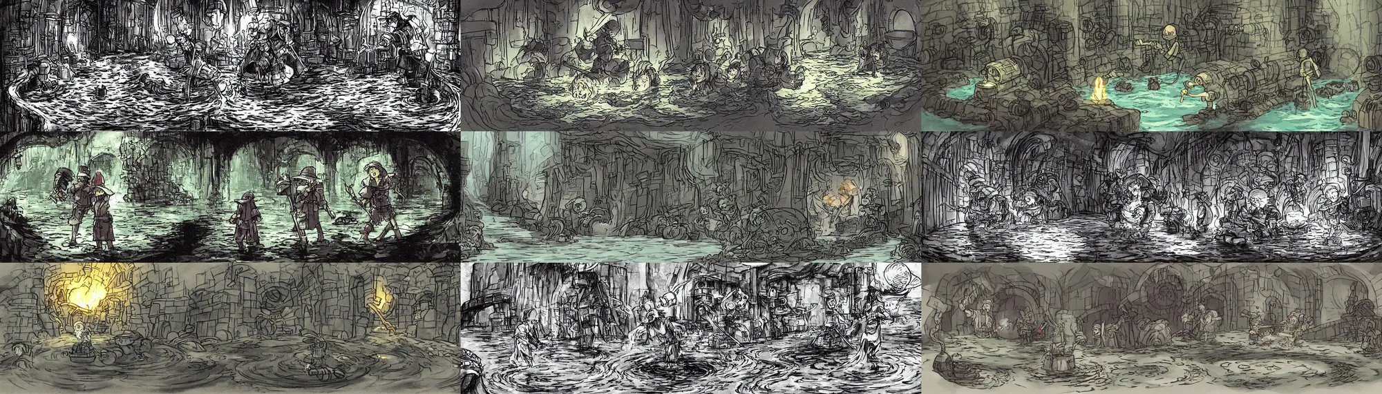 Prompt: concept sketch for studio ghibli's sewer adventures where the wizard stands in a waist - deep river holding a torch in a long twisting sewer tunnel. underground, crumbling masonry, sewage falling from grates. concept art from darkest dungeon