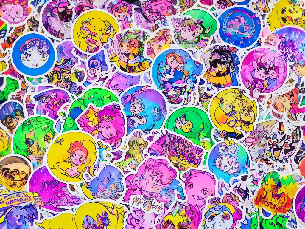 Image similar to a school notebook covered in stickers holographic stickers sailor moon lisa frank glow-in-the-dark high school middle school doodles on the cover