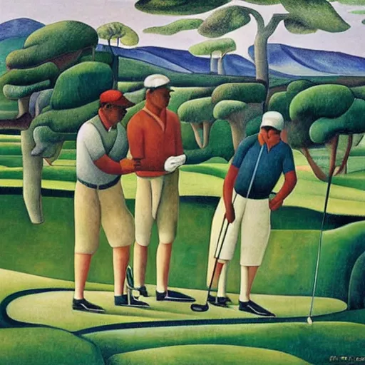 Image similar to Three golfers on a beautiful golf course, by Diego Rivera