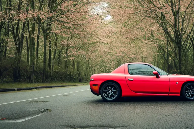 Prompt: A Mazda RX-7 parked in a road with trees, rainy spring season, Epic photography, taken with a Canon DSLR camera, 50 mm, insane depth of field