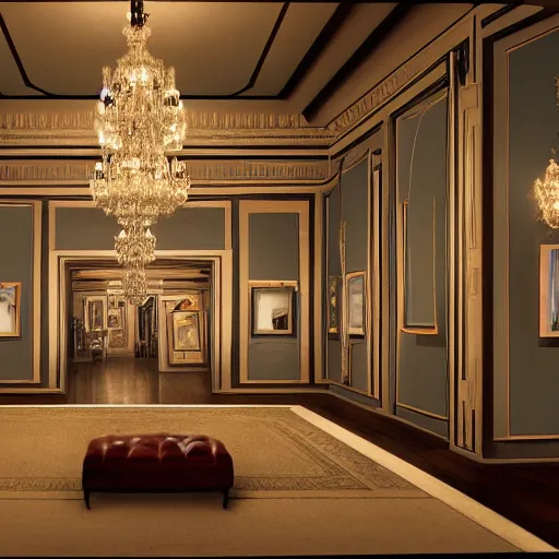 Image similar to Gallery exhibition in a 1920's style mansion, great gatsby, cinematic Light, Soft illumination, cinematic composition, wide-angle, atmospheric, matte painting, Trending on artstation.-H 768