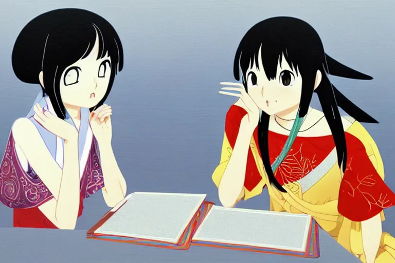 Image similar to portrait of two wise and very beautiful women discussing some texts appearing in a computer screen, art by mamoru hosoda, intricate, elegant, highly detailed, smooth, sharp focus, artstation