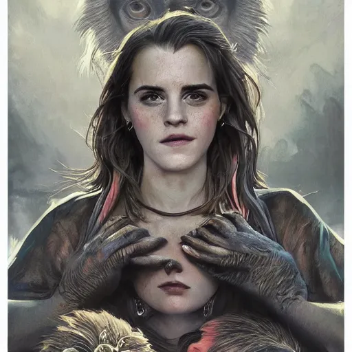 Image similar to Very funny Emma Watson looking like an old monkey, colorful painting on grey scale face, powerful , magic, thunders, dramatic lighting, intricate, wild, highly detailed, digital painting, artstation, concept art, smooth, sharp focus, illustration, art by artgerm and greg rutkowski and alphonse mucha, footage