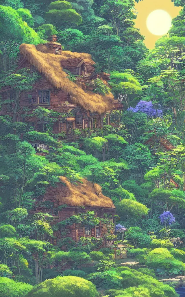 Image similar to Stunning cottage, solar, lush, forest, beautiful, by Studio Ghibli and Michael Kincade, artstation