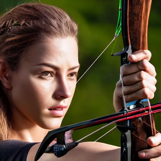 Image similar to photo realistic, consistent and highly detailed face, a attractive sports woman in archery, pointing his bow, uhd 8 k, highly detailed